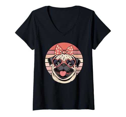 Damen Retro Pug Sonnenbrille Chinese Pugs T-Shirt mit V-Ausschnitt Damen Retro Pug Sonnenbrille Chinese Pugs T-Shirt mit V-Ausschnitt von Pugs Pug Lover Gifts