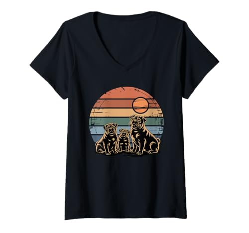 Damen Retro Sonnenuntergang Mops Silhouette Möpse T-Shirt mit V-Ausschnitt Damen Retro Sonnenuntergang Mops Silhouette Möpse T-Shirt mit V-Ausschnitt von Pugs Pug Lover Gifts