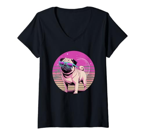 Damen Retro Synthwave Mops Sonnenbrille Chinesische Möpse T-Shirt mit V-Ausschnitt Damen Retro Synthwave Mops Sonnenbrille Chinesische Möpse T-Shirt mit V-Ausschnitt von Pugs Pug Lover Gifts