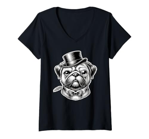 Damen Retro Vintage Mops Gentleman Fliege Chinese Pugs T-Shirt mit V-Ausschnitt von Pugs Pug Lover Gifts