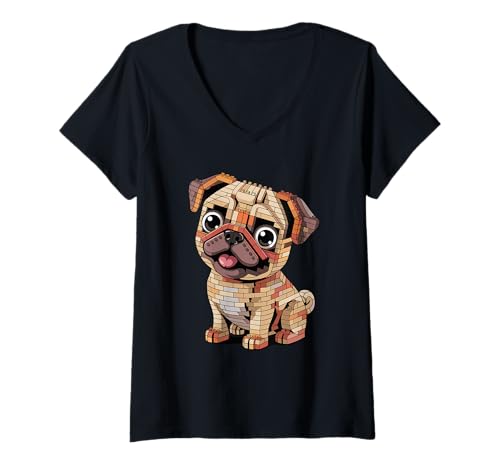 Damen Spielbausteine Mops Chinesische Möpse T-Shirt mit V-Ausschnitt Damen Spielbausteine Mops Chinesische Möpse T-Shirt mit V-Ausschnitt von Pugs Pug Lover Gifts