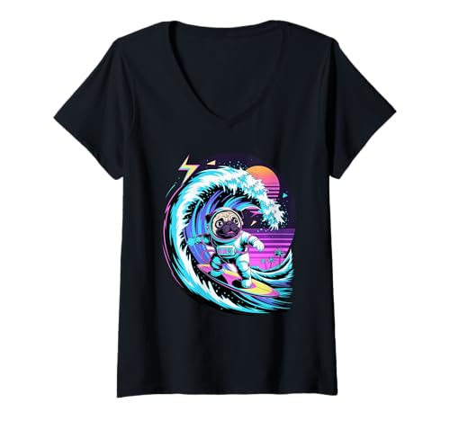 Damen Synthwave Surfer Pug Astronaut Pugs T-Shirt mit V-Ausschnitt Damen Synthwave Surfer Pug Astronaut Pugs T-Shirt mit V-Ausschnitt von Pugs Pug Lover Gifts