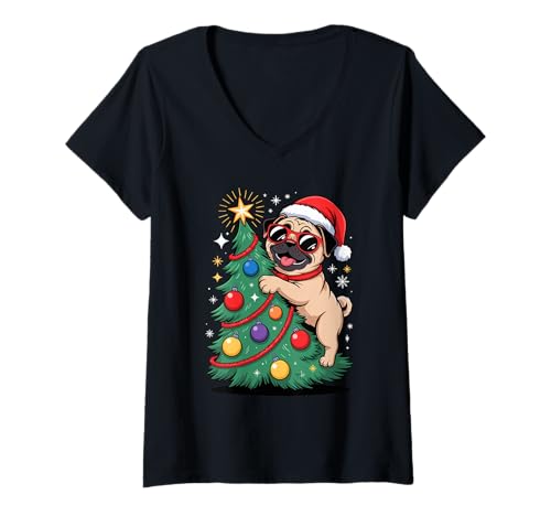 Damen Weihnachtsbaum Pug Sonnenbrille Pugs T-Shirt mit V-Ausschnitt Damen Weihnachtsbaum Pug Sonnenbrille Pugs T-Shirt mit V-Ausschnitt von Pugs Pug Lover Gifts
