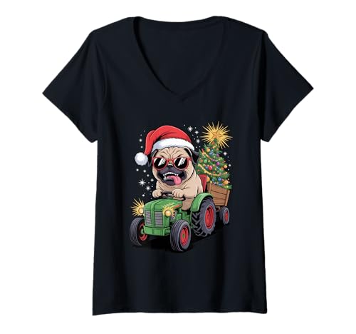 Damen Weihnachtsbaum Traktor Mops Sonnenbrille Möpse T-Shirt mit V-Ausschnitt Damen Weihnachtsbaum Traktor Mops Sonnenbrille Möpse T-Shirt mit V-Ausschnitt von Pugs Pug Lover Gifts