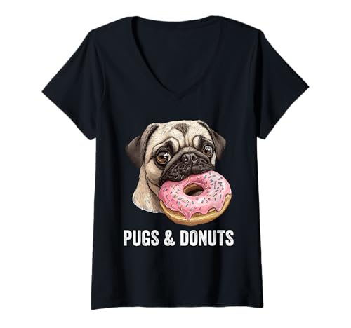 Damen Pugs & Donuts Funny Dog Pug T-Shirt mit V-Ausschnitt Damen Pugs & Donuts Funny Dog Pug T-Shirt mit V-Ausschnitt von Pugs & Donuts Funny Pug Lover Apparel