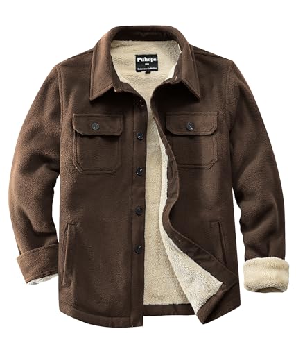 Puhope Herren Polarfleece-Hemdjacke mit Sherpa-Futter, dicke Button-Down-Jacke mit mehreren Taschen, Dunkelbraun, M Puhope Herren Polarfleece-Hemdjacke mit Sherpa-Futter, dicke Button-Down-Jacke mit mehreren Taschen, Dunkelbraun, M von Puhope