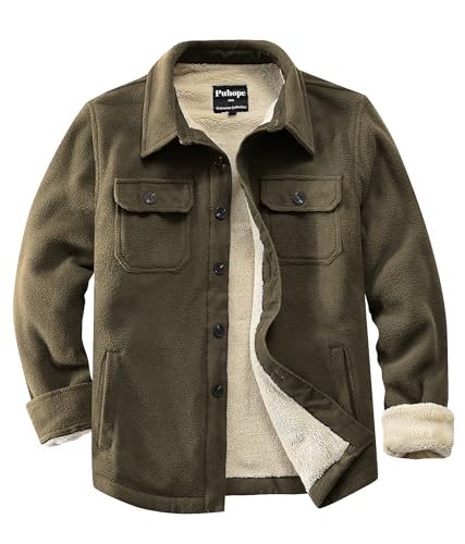 Puhope Herren Polarfleece-Hemdjacke mit Sherpa-Futter, dicke Button-Down-Jacke mit mehreren Taschen, Dunkles Khaki, XXL Puhope Herren Polarfleece-Hemdjacke mit Sherpa-Futter, dicke Button-Down-Jacke mit mehreren Taschen, Dunkles Khaki, XXL von Puhope