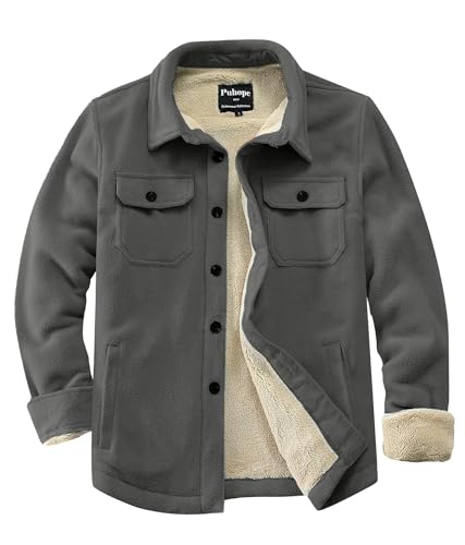 Puhope Herren Polarfleece-Hemdjacke mit Sherpa-Futter, dicke Button-Down-Jacke mit mehreren Taschen, GRAU, M Puhope Herren Polarfleece-Hemdjacke mit Sherpa-Futter, dicke Button-Down-Jacke mit mehreren Taschen, GRAU, M von Puhope