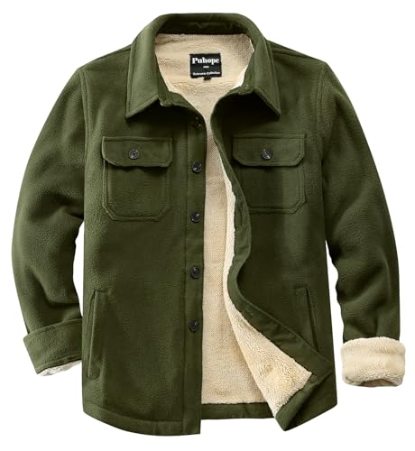 Puhope Herren Polarfleece-Hemdjacke mit Sherpa-Futter, dicke Button-Down-Jacke mit mehreren Taschen, Grün (Army Green), XXL von Puhope