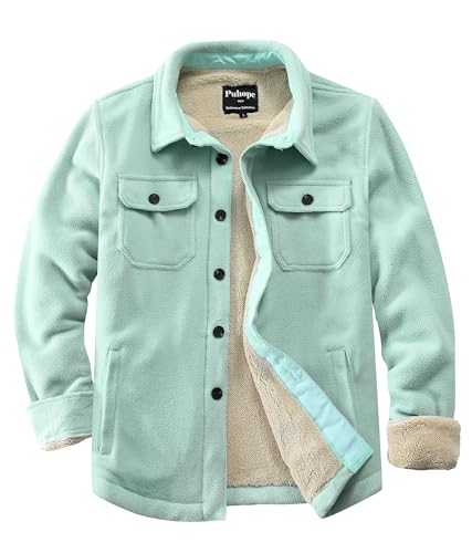 Puhope Herren Polarfleece-Hemdjacke mit Sherpa-Futter, dicke Button-Down-Jacke mit mehreren Taschen, Haze Blue, M von Puhope