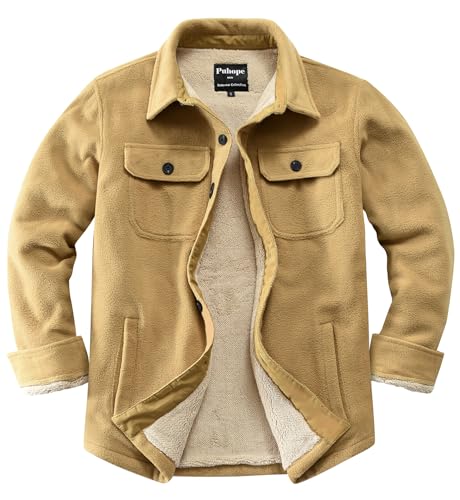 Puhope Herren Polarfleece-Hemdjacke mit Sherpa-Futter, dicke Button-Down-Jacke mit mehreren Taschen, Khaki, S von Puhope