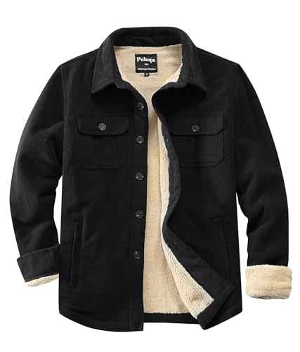Puhope Herren Polarfleece-Hemdjacke mit Sherpa-Futter, dicke Button-Down-Jacke mit mehreren Taschen, Schwarz, S von Puhope