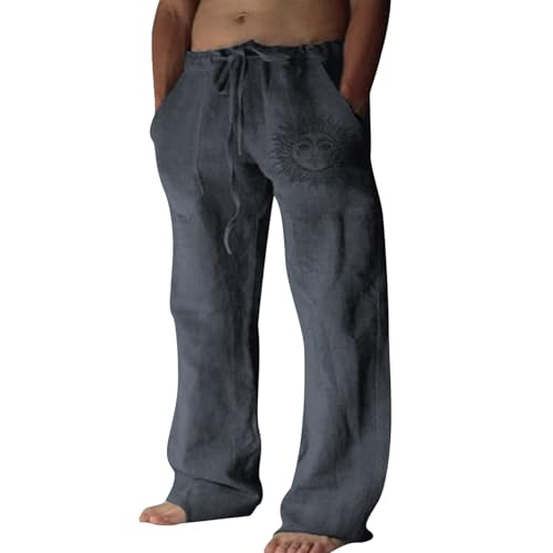 Puimentiua Leinenhose Herren,Lang Leichte Sommerhose,Loose Fit Freizeithose,Baumwollehosen mit Tunnelzug und Taschen (Dunkelgrau,XXL) von Puimentiua
