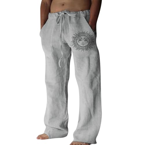 Puimentiua Leinenhose Herren,Lang Leichte Sommerhose,Loose Fit Freizeithose,Baumwollehosen mit Tunnelzug und Taschen (Hellgrau,3XL) von Puimentiua