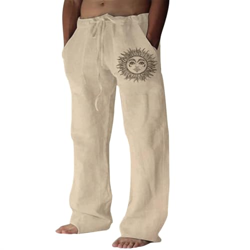 Puimentiua Leinenhose Herren,Lang Leichte Sommerhose,Loose Fit Freizeithose,Baumwollehosen mit Tunnelzug und Taschen (Khaki,XXL) von Puimentiua