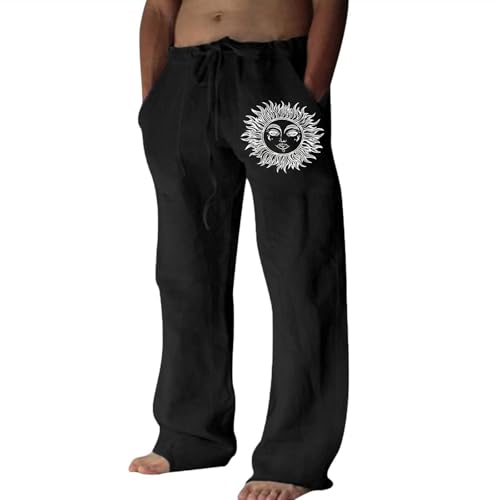 Puimentiua Leinenhose Herren,Lang Leichte Sommerhose,Loose Fit Freizeithose,Baumwollehosen mit Tunnelzug und Taschen (Schwarz,XXL) von Puimentiua
