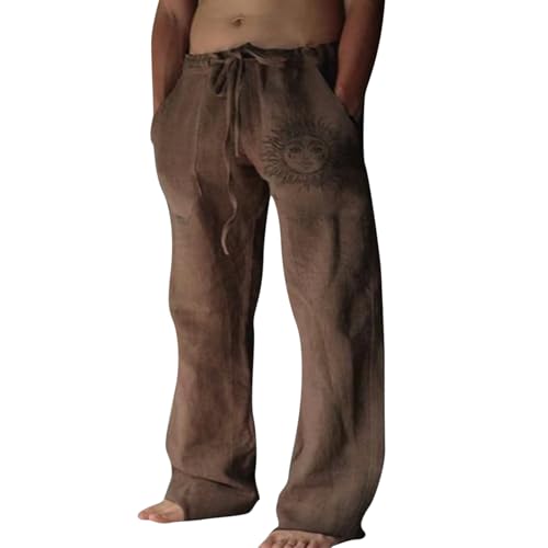 Puimentiua Leinenhose Herren,Lang Leichte Sommerhose,Loose Fit Freizeithose,Baumwollehosen mit Tunnelzug und Taschen (Braun,XL) von Puimentiua