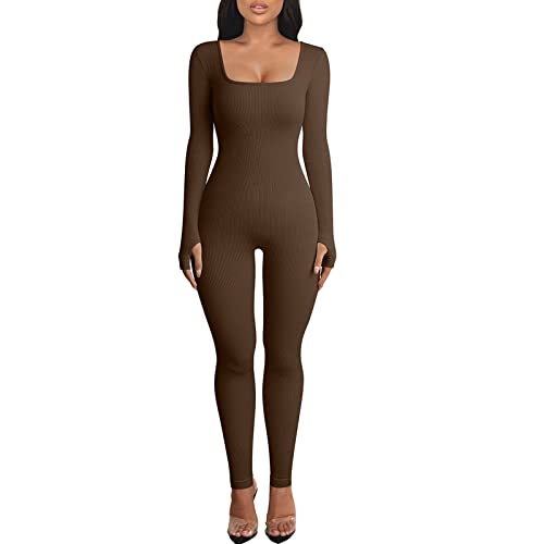 Puimentiua Damen Sport Jumpsuit Langarm Quadratischer|Yoga Jumpsuit Strampler Gerippt Gestrickt Sportanzug Eng Workout Einteiler Bodycon Slim Jogginganzug Club Outfit|L,02 Kaffee von Puimentiua