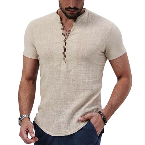 Puimentiua Leinenhemd Herren,Hemd Kurzarm,Sommer Kurzarmhemd,Regular Fit Sommerhemd mit Stehkragen und Knöpfen (Hellkhaki,XXL) von Puimentiua