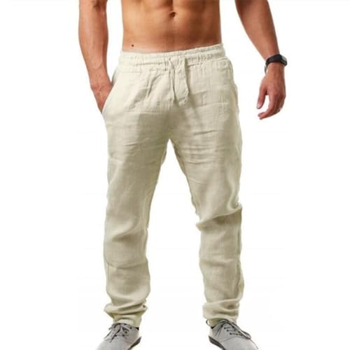 Puimentiua Leinenhose Herren,Lang Leichte Sommerhose,Schmal Fit Baumwollehosen mit Tunnelzug und Taschen (Beige,L) von Puimentiua