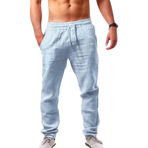 Puimentiua Leinenhose Herren,Lang Leichte Sommerhose,Schmal Fit Baumwollehosen mit Tunnelzug und Taschen (Blau,3XL) von Puimentiua