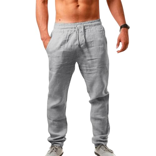 Puimentiua Leinenhose Herren,Lang Leichte Sommerhose,Schmal Fit Baumwollehosen mit Tunnelzug und Taschen (Grau,L) von Puimentiua