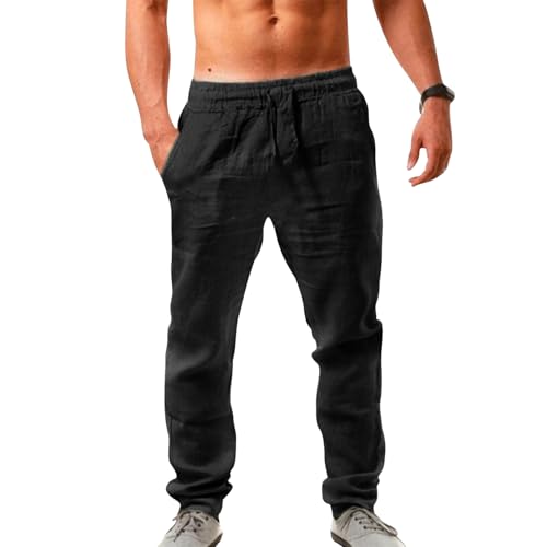 Puimentiua Leinenhose Herren,Lang Leichte Sommerhose,Schmal Fit Baumwollehosen mit Tunnelzug und Taschen (Schwarz,XL) von Puimentiua