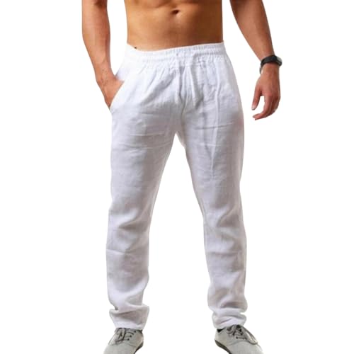 Puimentiua Leinenhose Herren,Lang Leichte Sommerhose,Schmal Fit Baumwollehosen mit Tunnelzug und Taschen (Weiss,3XL) von Puimentiua