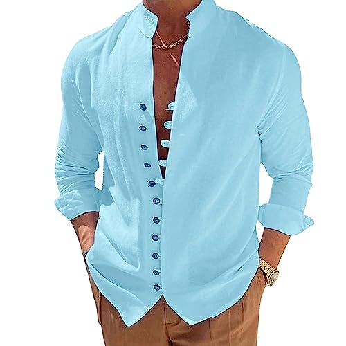 Puimentiua Herren Sommer Leinenhemd,Langarm Baumwollmischung Sommerhemd Baumwollhemd Freizeithemden Casual Shirt|Blau XXL von Puimentiua