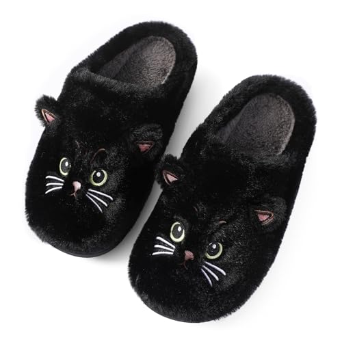 Puimentiua Winter Katze Hausschuhe,Damen Plüsch Hausschuhe,Kuschel Lustig Tiere Schuhe,Cat Slippers (Schwarz,39-40 EU) von Puimentiua