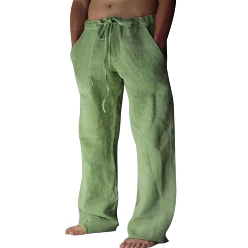 Puimentiua Leinenhose Herren Lang Leicht Sommerhose Übergröße Freizeithose Loose Fit Strandhosen Einfarbig Loungewear,Grün,L von Puimentiua