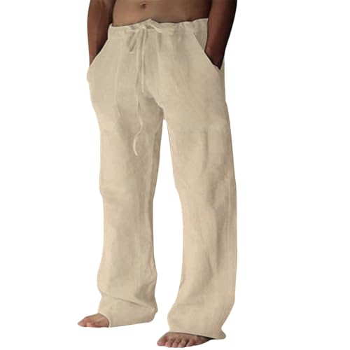 Puimentiua Leinenhose Herren,Lang Leichte Sommerhose,Sommer Leinen Hosen,Loose Fit Baumwollehosen mit Tunnelzug und Taschen (Khaki,M) von Puimentiua