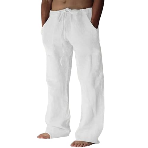 Puimentiua Leinenhose Herren,Lang Leichte Sommerhose,Sommer Leinen Hosen,Loose Fit Baumwollehosen mit Tunnelzug und Taschen (Weiß,S) von Puimentiua