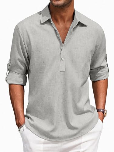 Puimentiua Leinenhemd Herren,Langarm Leinen Hemden,Loose Fit Sommerhemd,Leichte Sommer Hemd mit Knöpfe (Hellgrau,M) von Puimentiua