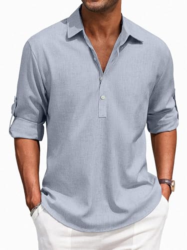 Puimentiua Leinenhemd Herren,Langarm Leinen Hemden,Loose Fit Sommerhemd,Leichte Sommer Hemd mit Knöpfe (Himmelblau,3XL) von Puimentiua