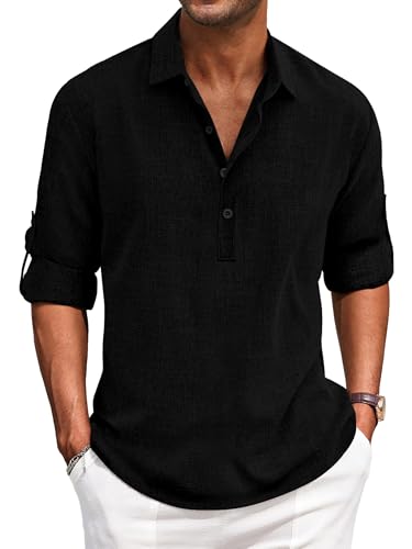 Puimentiua Leinenhemd Herren,Langarm Leinen Hemden,Loose Fit Sommerhemd,Leichte Sommer Hemd mit Knöpfe (Schwarz,M) von Puimentiua