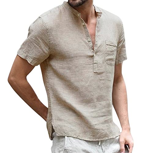 Puimentiua Leinenhemd Herren Kurzarm, Leichtes Sommerhemd Freizeithemd Beach Henley Shirt von Puimentiua