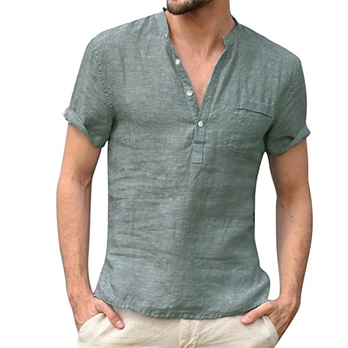 Puimentiua Leinenhemd Herren Kurzarm, Leichtes Sommerhemd Freizeithemd Beach Henley Shirt von Puimentiua