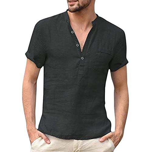 Puimentiua Leinenhemd Herren Kurzarm, Leichtes Sommerhemd Freizeithemd Beach Henley Shirt von Puimentiua