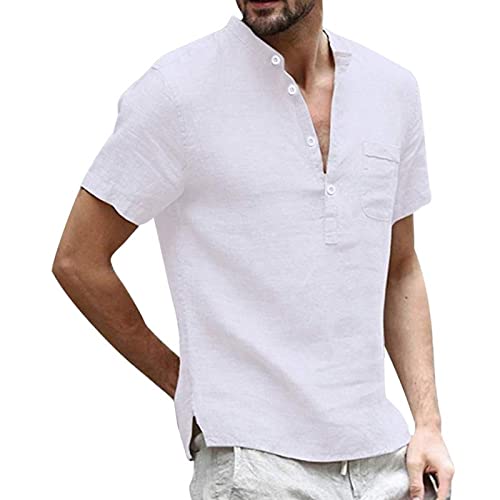 Puimentiua Leinenhemd Herren Kurzarm, Leichtes Sommerhemd Freizeithemd Beach Henley Shirt von Puimentiua