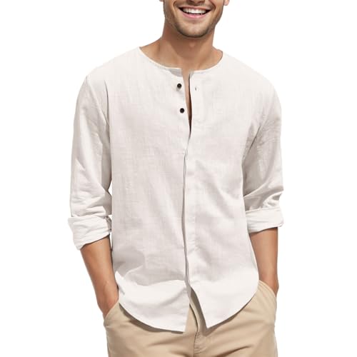 Puimentiua Leinenhemd Herren Langarm, Leicht Sommer Strandhemd, Button Down Shirt,Beige,XL von Puimentiua