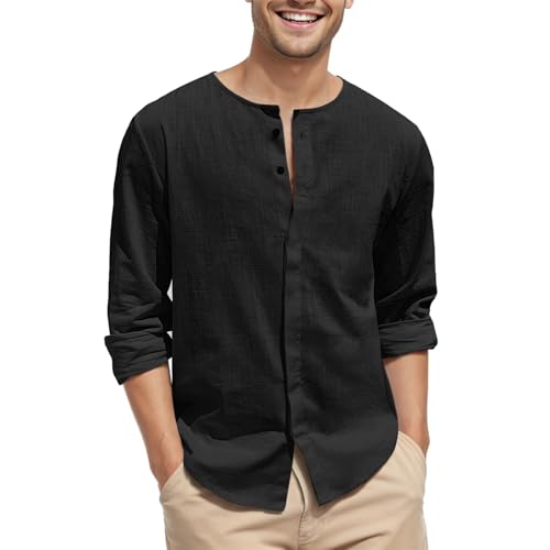 Puimentiua Leinenhemd Herren Langarm, Leicht Sommer Strandhemd, Button Down Shirt,Schwarz,XXL von Puimentiua