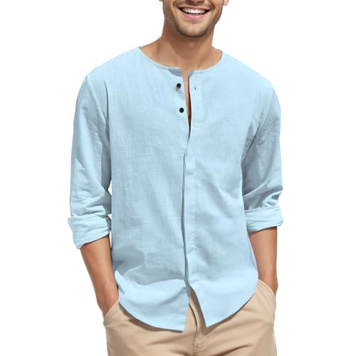 Puimentiua Leinenhemd Herren Langarm, Leicht Sommer Strandhemd, Button Up Shirt,Himmelblau,M von Puimentiua