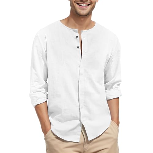 Puimentiua Leinenhemd Herren Langarm, Leicht Sommer Strandhemd, Button Up Shirt,Weiss,S von Puimentiua