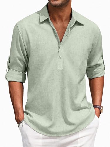 Puimentiua Leinenhemd Herren,Langarm Leinen Hemden,Loose Fit Sommerhemd,Leichte Sommer Hemd mit Knöpfe (Grün,3XL) von Puimentiua