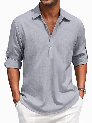 Puimentiua Leinenhemd Herren,Langarm Leinen Hemden,Loose Fit Sommerhemd,Leichte Sommer Hemd mit Knöpfe (Denim Blau,L) von Puimentiua