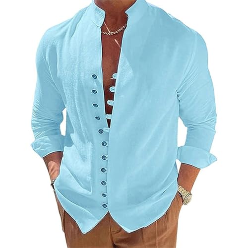 Puimentiua Leinenhemd Herren Langarm Leichtes Sommerhemd Strand Henley Shirt mit Stehkragen,Blau,XXL von Puimentiua