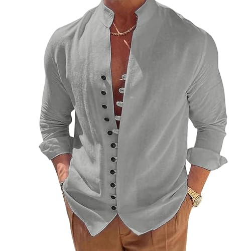 Puimentiua Leinenhemd Herren Langarm Leichtes Sommerhemd Strand Henley Shirt mit Stehkragen,Grau,XXL von Puimentiua