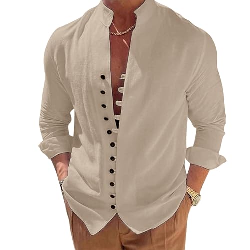 Puimentiua Leinenhemd Herren,Langarm Leinen Hemden,Sommer Freizeithemd,Sommerhemd mit Stehkragen und Knopfleiste (Khaki,XXL) von Puimentiua