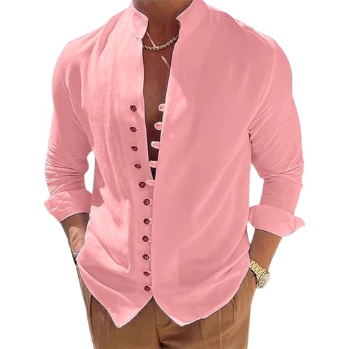 Puimentiua Leinenhemd Herren,Langarm Leinen Hemden,Sommer Freizeithemd,Sommerhemd mit Stehkragen und Knopfleiste (Rosa,XXL) von Puimentiua